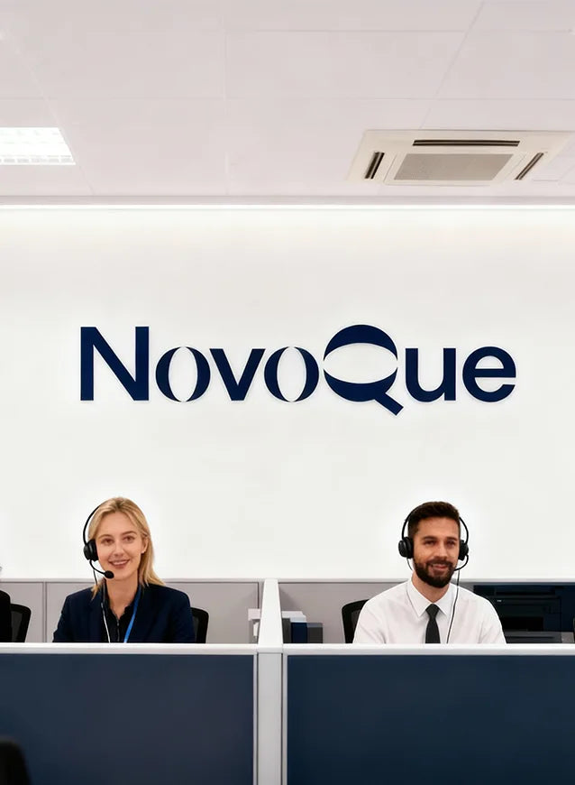 Two people working at a NovoQue call center with the company logo on the wall.